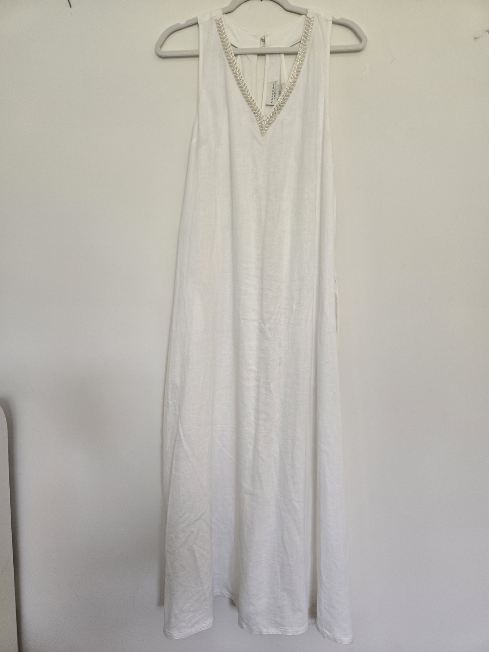 Calypso White Sleeveless V-Neck Maxi Dress Beaded Neckline Linen Beach Wedding M